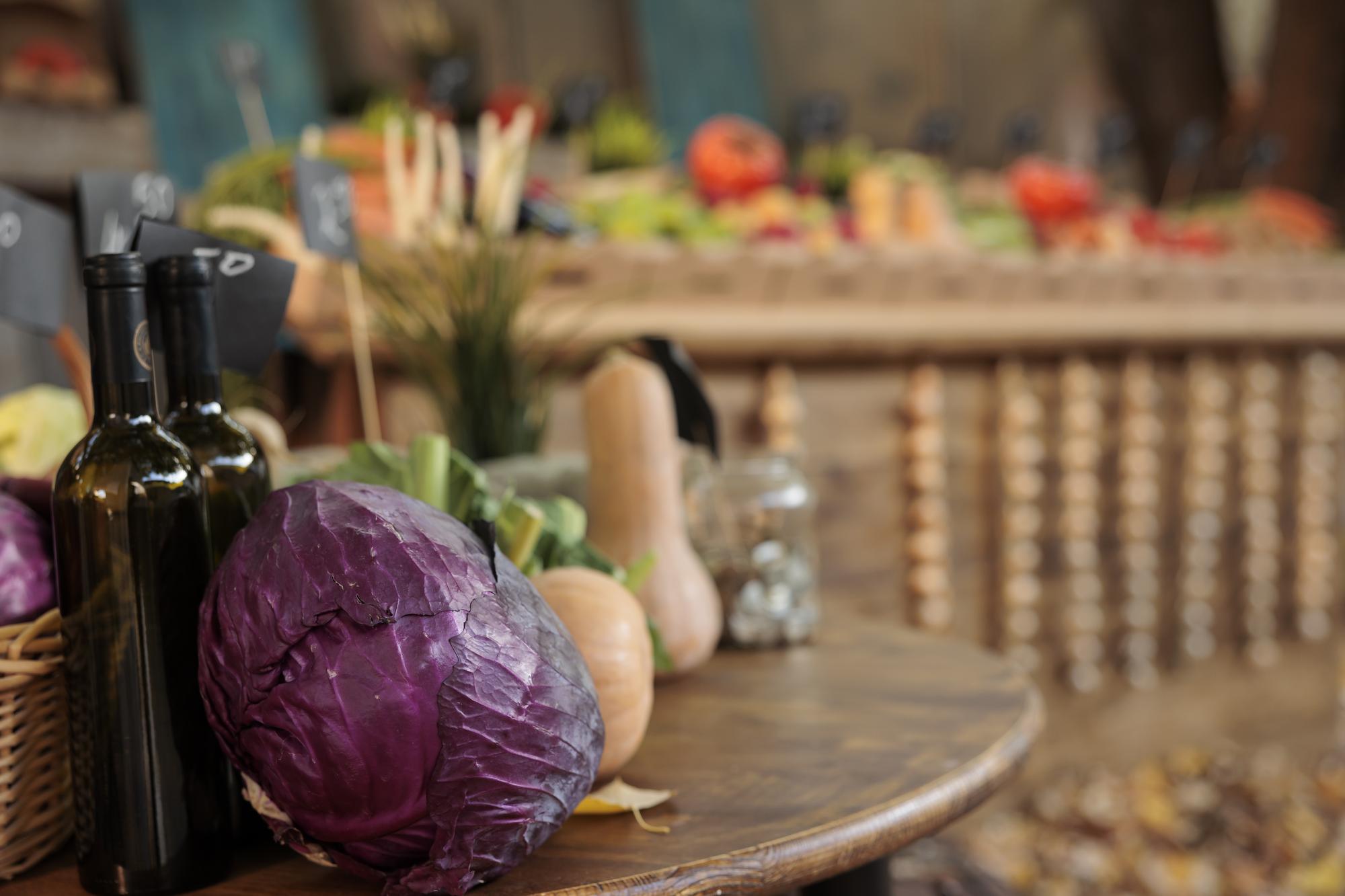 Close-up of seasonal produce on a wooden table