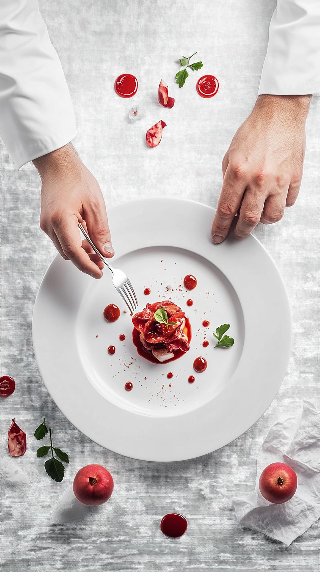 Chef plating a refined dish in an atelier kitchen